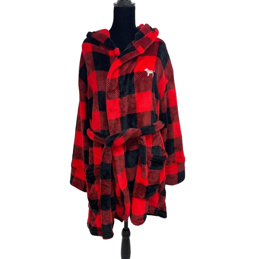 Victoria's Secret Pink Robe Bling Sequin Dog Plush Fleece Plaid Hood Size XS/S - Picture 2 of 8